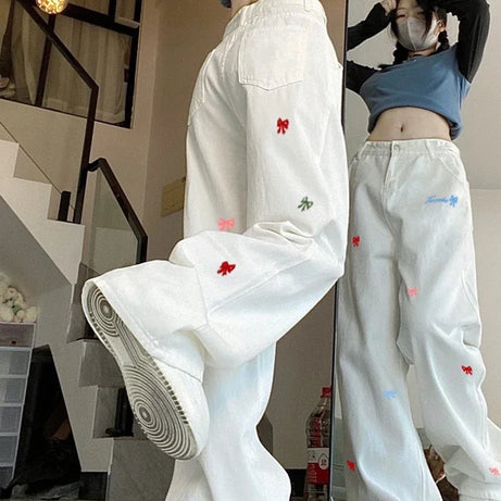 Kawaii Embroidered Bow Pants Shoptery