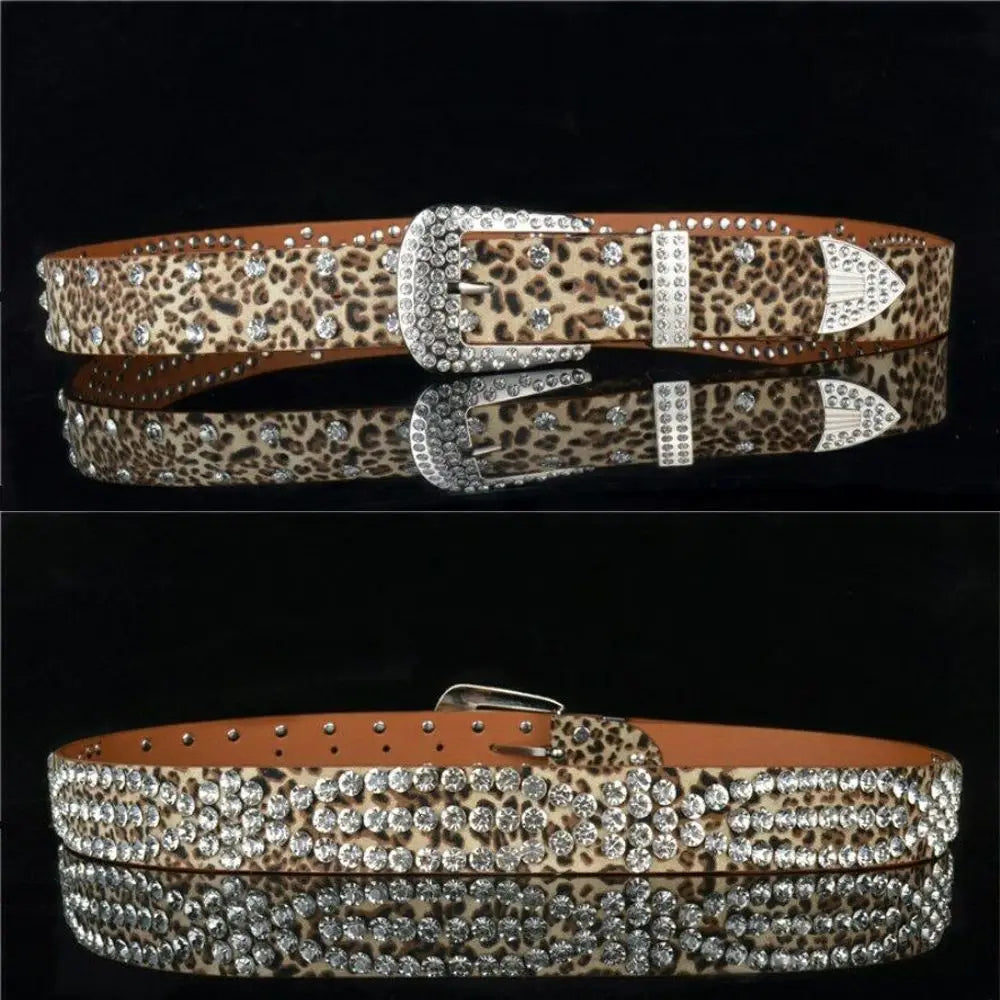 Gyaru Leopard Print Rhinestone Crystal Studded Belt leopard -110X3.3CM Shoptery