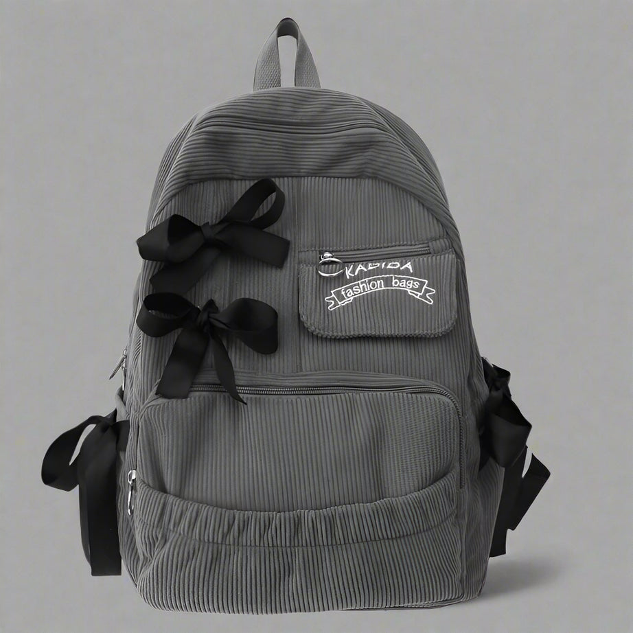 Corduroy Bow Charm Cute Backpack gray Shoptery