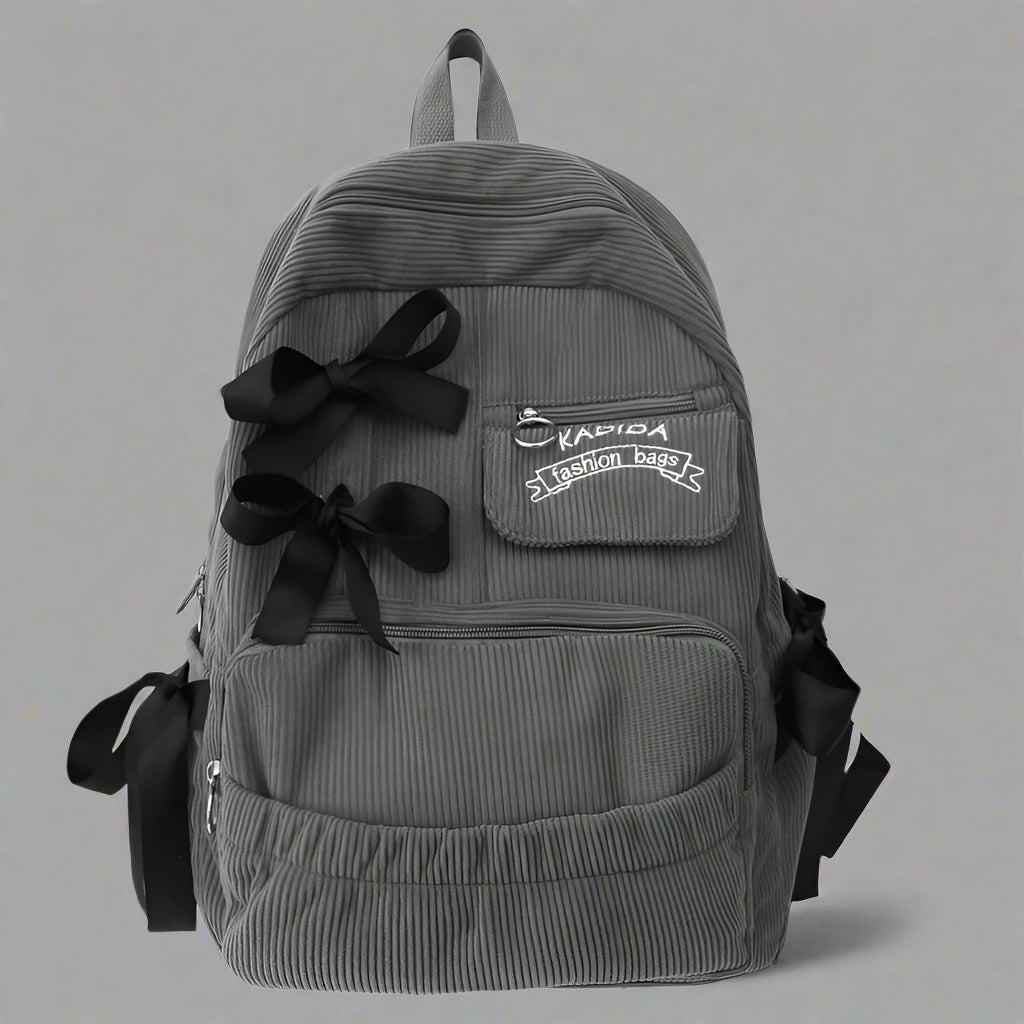 Corduroy Bow Charm Cute Backpack gray Shoptery