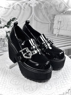 Jirai Kei Patent Platform Loafers with Rhinestone Heart Buckle black Shoptery