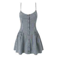 Retro Gingham Lace Button Dress black Shoptery