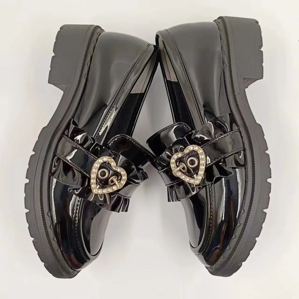 Jirai Kei Patent Ruffle Loafers with Rhinestone Heart Buckle Shoptery