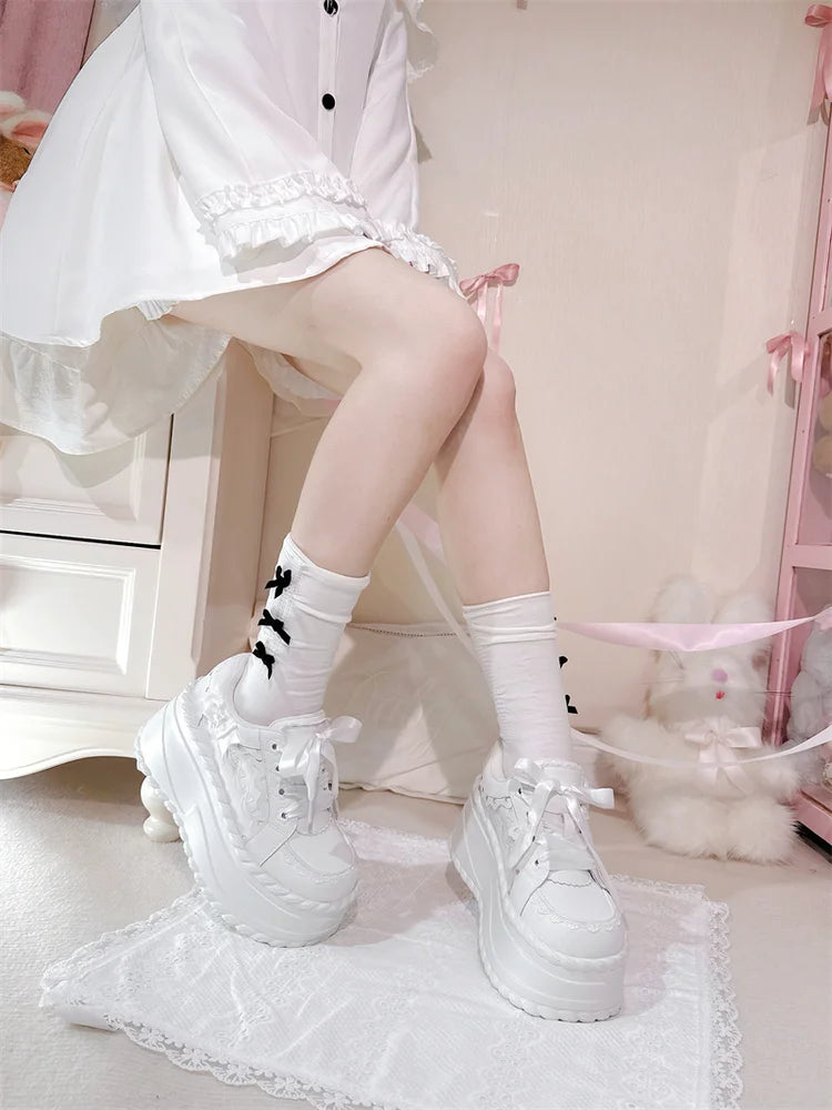 Jirai Kei Satin Ribbon Lace Trim Platform Chunky Sneakers White Shoptery