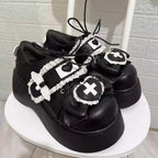 Jirai Kei Nurse Heart Cross Platform Sneakers with Lace & Bow black Shoptery