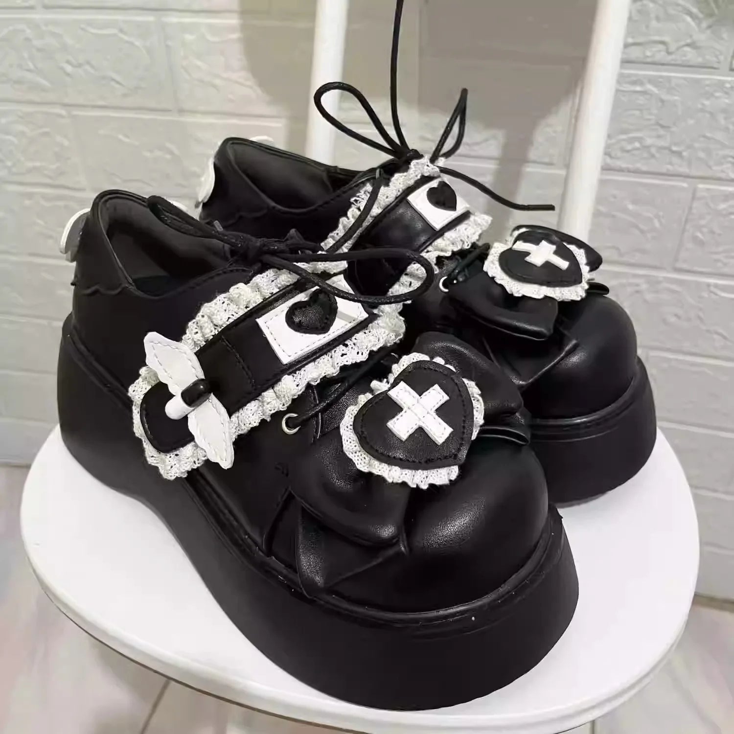 Jirai Kei Nurse Heart Cross Platform Sneakers with Lace & Bow black Shoptery