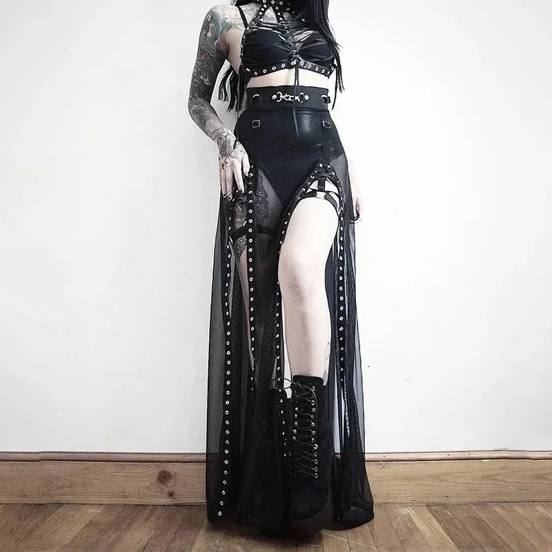 Visual Kei Sheer Mesh Eyelet Maxi Skirt with Chain Belt Shoptery