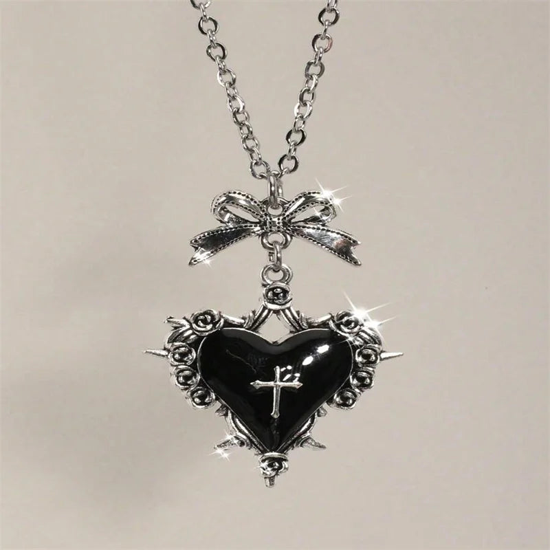 Visual Kei Gothic Cross Heart Thorn Rose Silver Pendant Necklace Black2 Shoptery