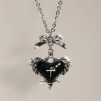 Visual Kei Gothic Cross Heart Thorn Rose Silver Pendant Necklace Black2 Shoptery