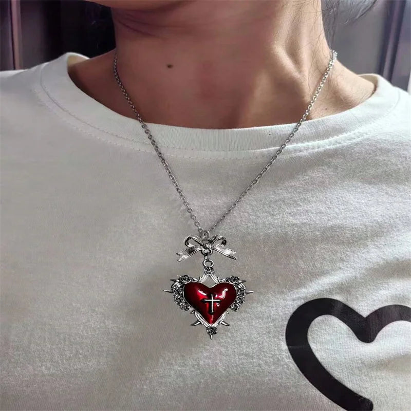Visual Kei Gothic Cross Heart Thorn Rose Silver Pendant Necklace Red2 Shoptery