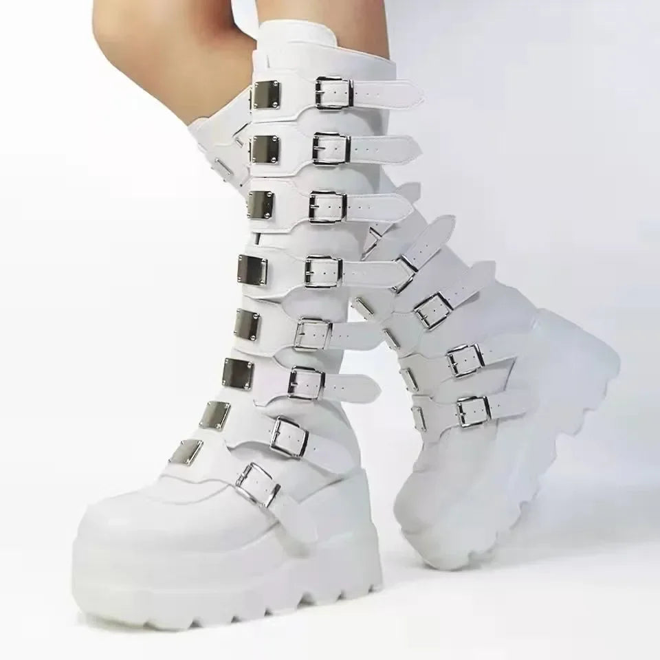 Visual Kei White Platform Knee-High Buckle Strap Boots WHITE Shoptery