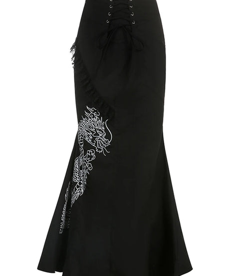 Dragon Embroidered Gothic Maxi Skirt