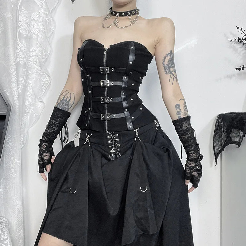 Visual Kei Black Buckle Harness Corset Top with Lace Arm Warmers Shoptery