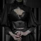 Visual Kei Black Lace Pentagram Cut-Out Lantern Sleeve Midi Dress Shoptery