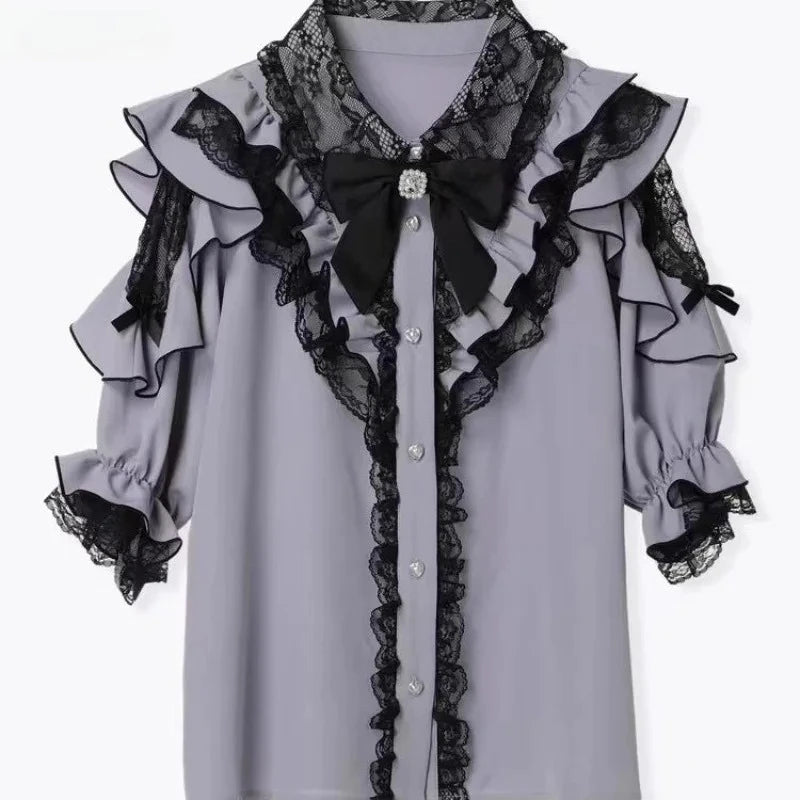 Jirai Kei Black Lace Ruffle Bow Button-Up Blouse 7024 Blue Shoptery