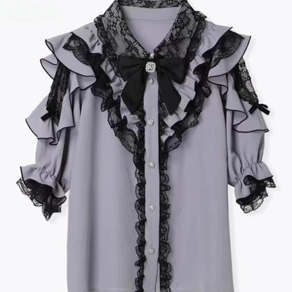 Jirai Kei Black Lace Ruffle Bow Button-Up Blouse 7024 Blue Shoptery