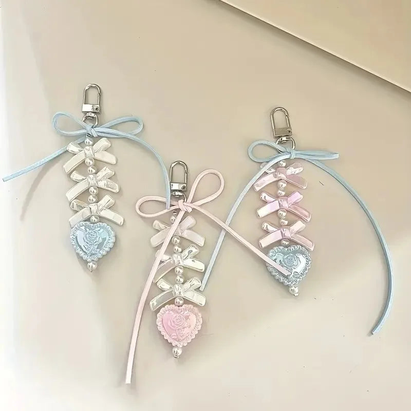 Fairy Kei Pastel Bow Pearl Rose Heart Bag Charm Keychain Shoptery