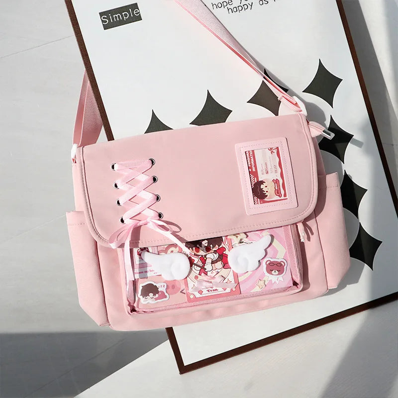 Jirai Kei Black Lace-Up Ita Messenger Bag with Clear Window Pink Only Bag 35x28x7cm Shoptery
