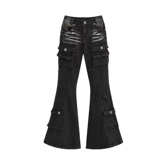 Visual Kei Cutout Crop Top & Flare Cargo Jeans Set with Studded Belt black Shoptery