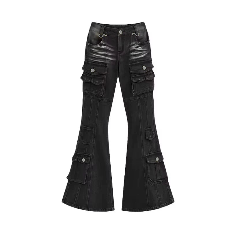 Visual Kei Studded Belt Cargo Flare Jeans in Washed Black black Shoptery