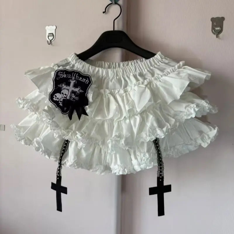 Jirai Kei Gothic Cross Charm Ruffle Bloomers Mini Skirt GRAY Shoptery