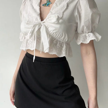 Eyelet Romance Tie-Front Coquette Blouse Shoptery