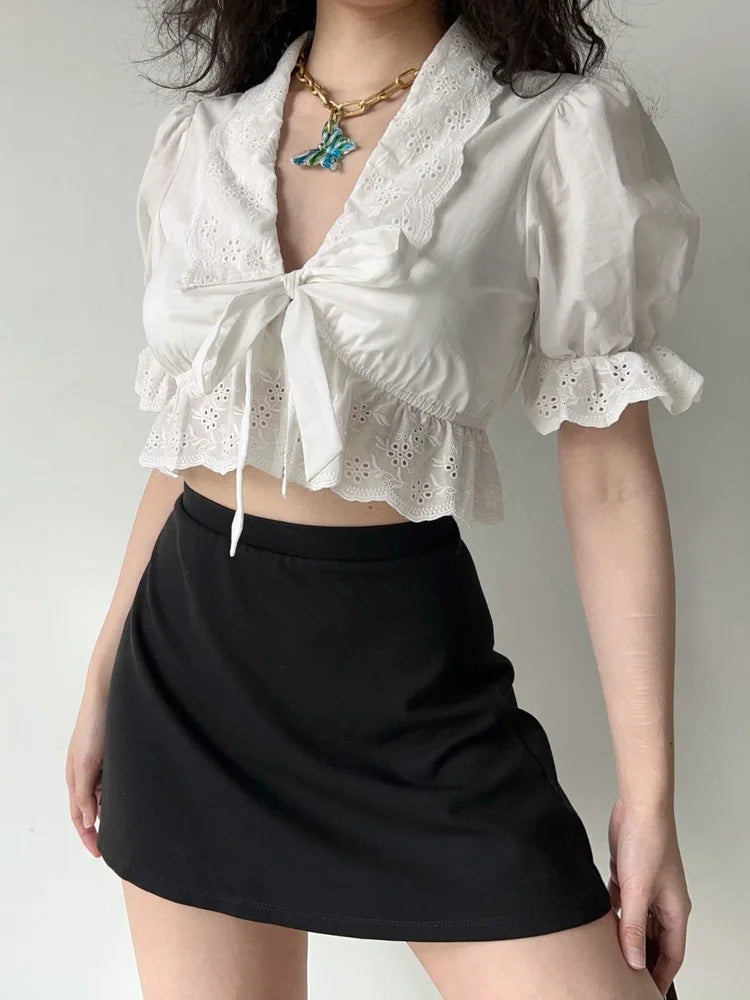 Eyelet Romance Tie-Front Coquette Blouse Shoptery