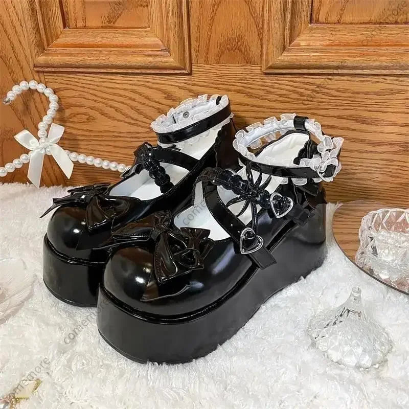 Jirai Kei White Patent Bow Platform Mary Jane Shoes with Lace Socks Secondary image