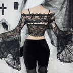Jirai Kei Black Lace Bell Sleeve Crop Top & Velvet Shorts Set Shoptery