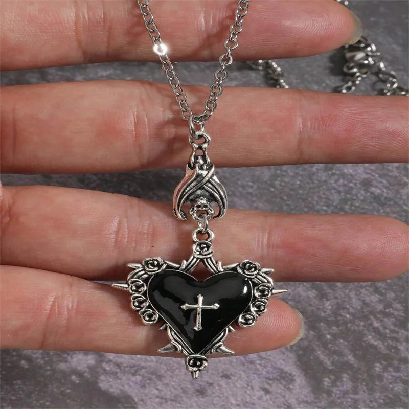 Visual Kei Gothic Cross Heart Thorn Rose Silver Pendant Necklace Black3 Shoptery