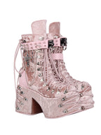Jirai Kei Pink Velvet Platform Lace-Up Studded Mid-Calf Boots Shoptery