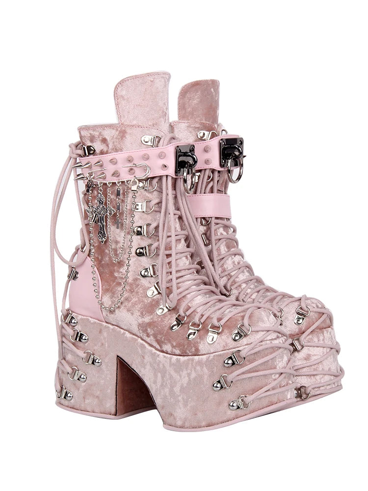 Jirai Kei Pink Velvet Platform Lace-Up Studded Mid-Calf Boots Shoptery