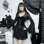 Visual Kei Black Velvet Lace-Up Flocked Bell Sleeve Mini Dress Shoptery