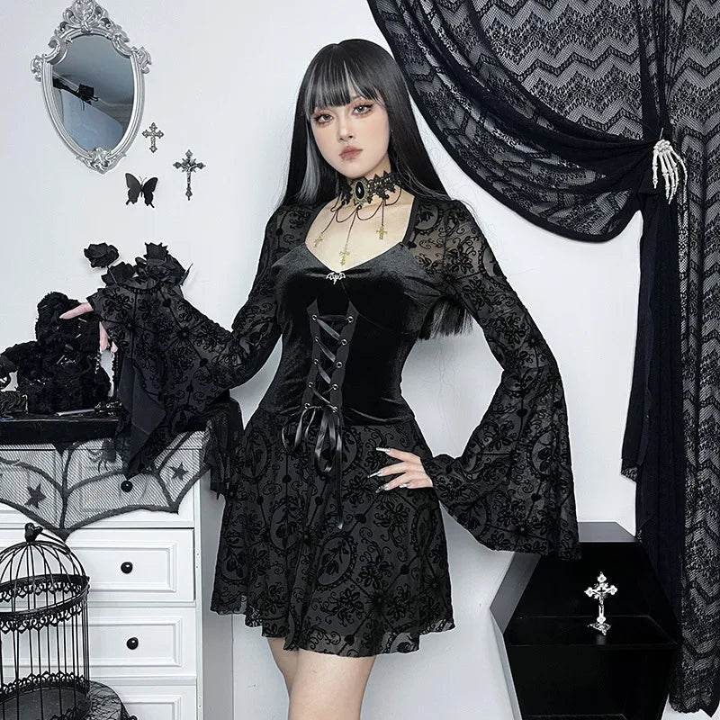 Visual Kei Black Velvet Lace-Up Flocked Bell Sleeve Mini Dress Shoptery