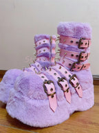 Jirai Kei Pastel Faux Fur Platform Boots with Spiked Buckle Straps purple China Mainland Shoptery