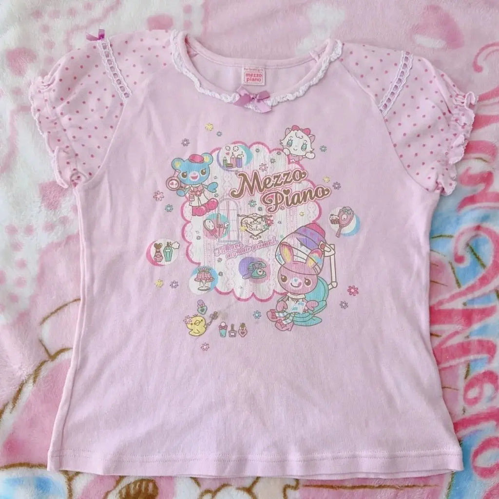 Fairy Kei Mezzo Piano Kawaii Mascot Lace Bow Pink Tee Shoptery