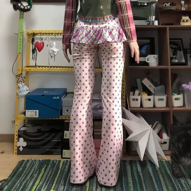 Fairy Kei Star Print Ruffle Flared Pants with Plaid Frill Shoptery