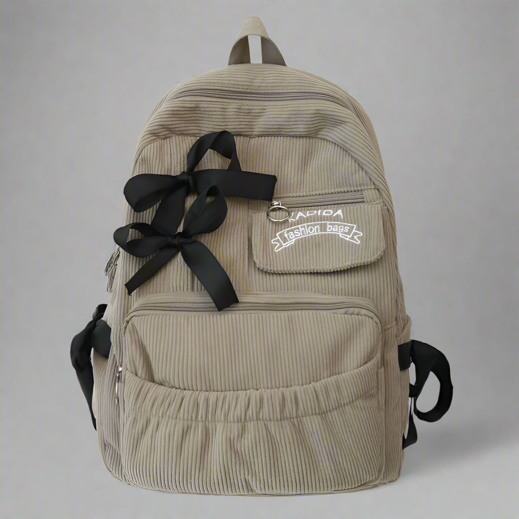 Corduroy Bow Charm Cute Backpack khaki Shoptery