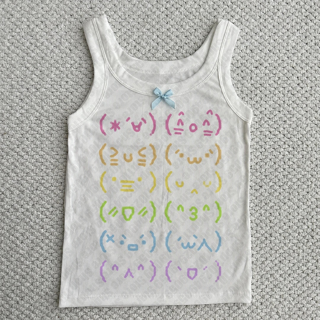 Fairy Kei Pastel Kaomoji Print Ribbed Tank Top with Bow Secondary image