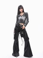 Visual Kei Faux Leather Flare Cargo Pants with Mesh Top Set Shoptery
