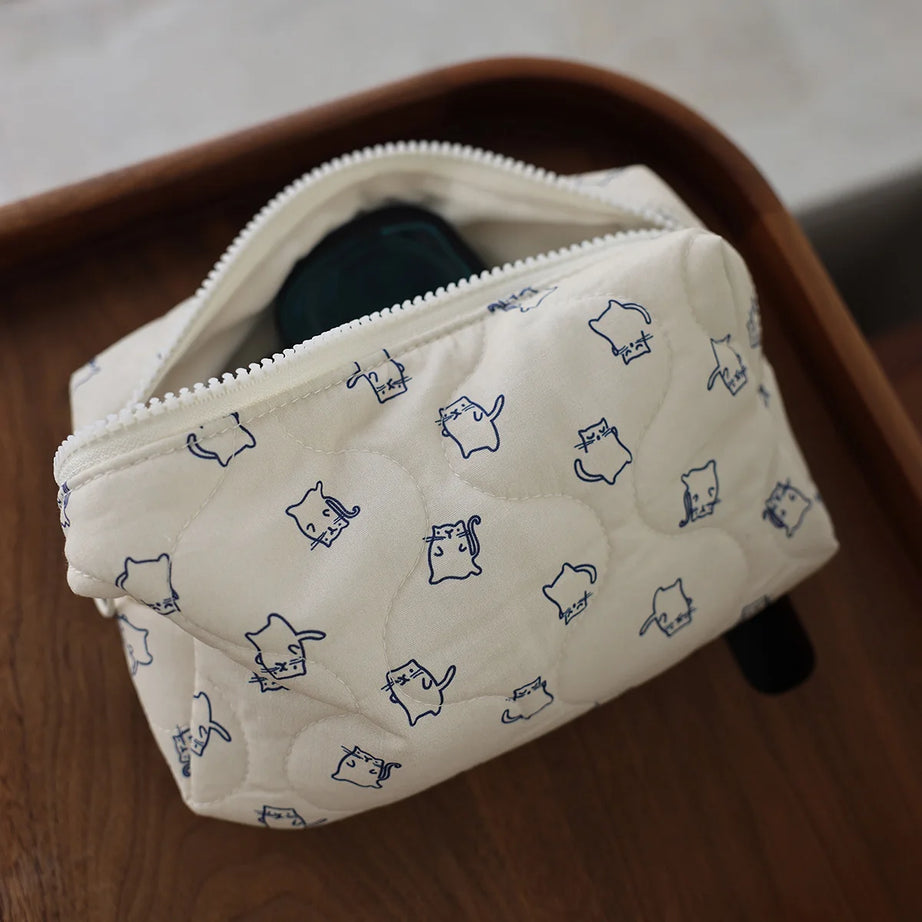 Meow Mood Quilted Aesthetic Makeup Bag Shoptery
