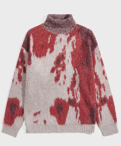 Abstract Red Splash Turtleneck Sweater