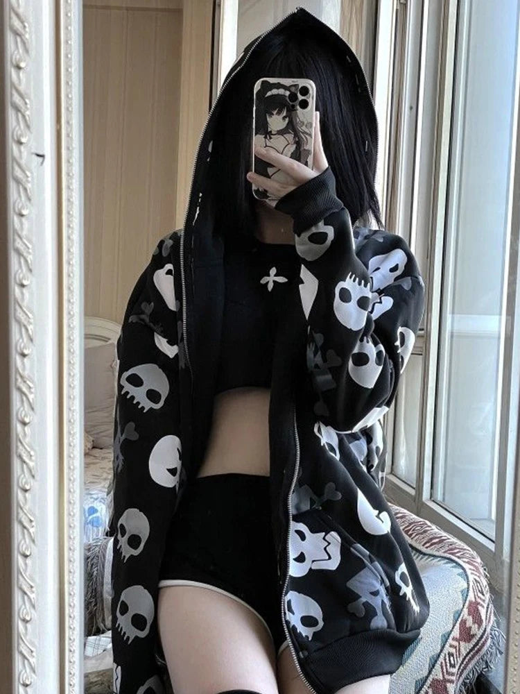 Visual Kei All-Over Skull & Crossbones Cross Zip-Up Hoodie Shoptery