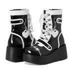 Jirai Kei Pink Heart Chain Platform Lace-Up Ankle Boots Black Shoptery
