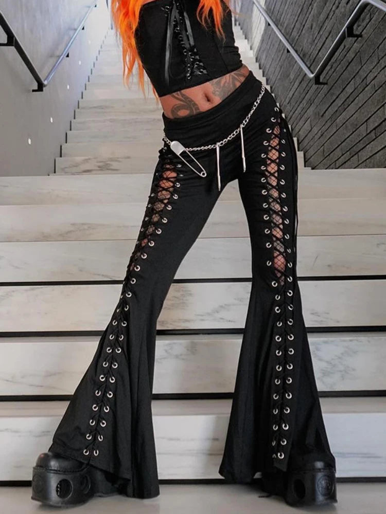 Visual Kei Chain-Detail Lace-Up Mesh Flare Pants with Split Hem Secondary image