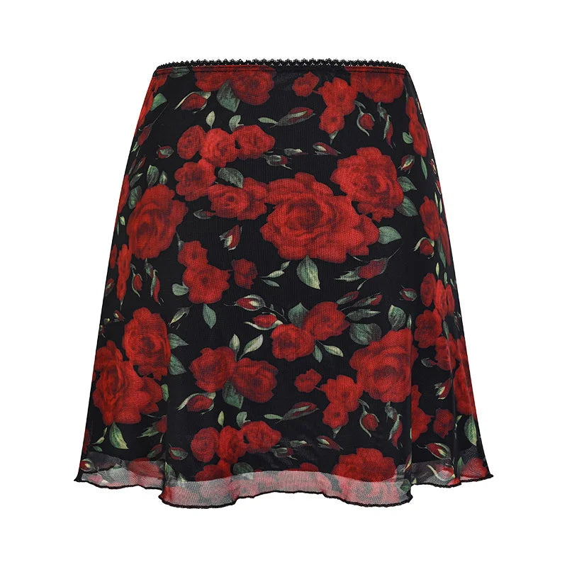 Coquette Crimson Bloom Sheer Skirt Red Shoptery