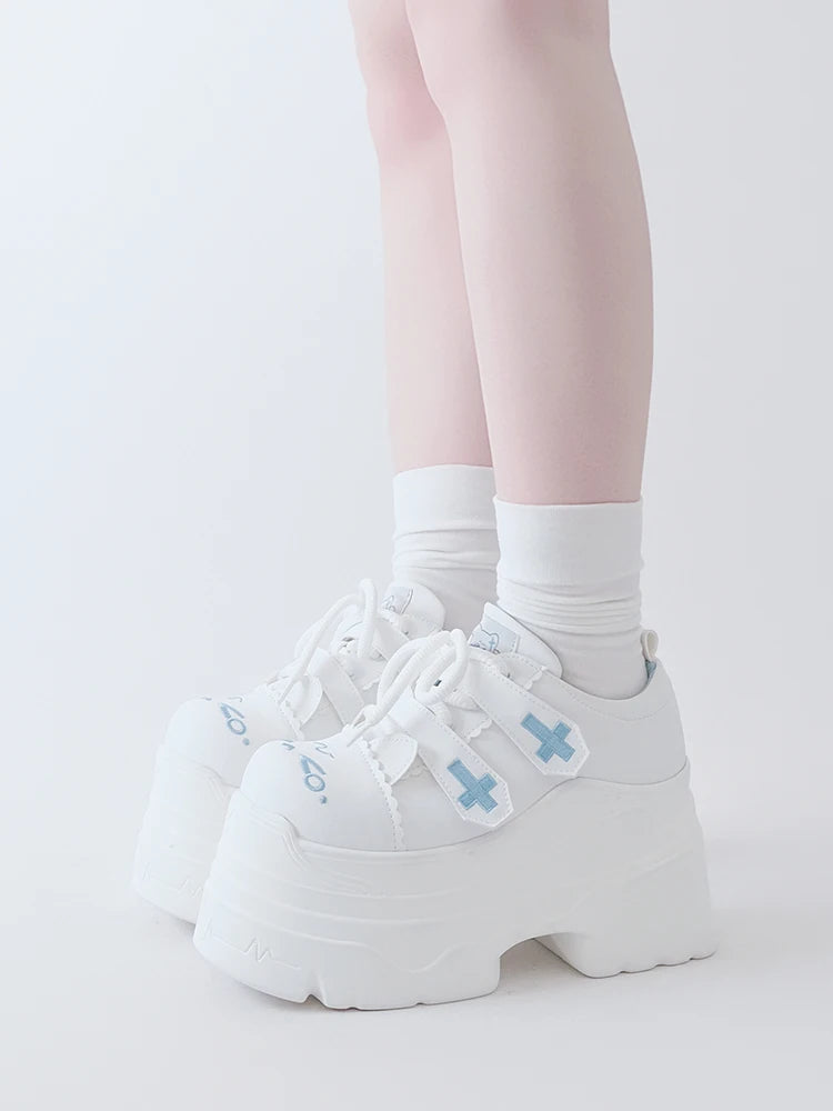 Yami Kawaii White Platform Sneakers with Cross Embroidery Shoptery