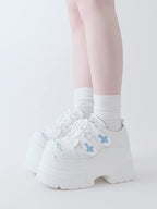 Yami Kawaii White Platform Sneakers with Cross Embroidery Shoptery