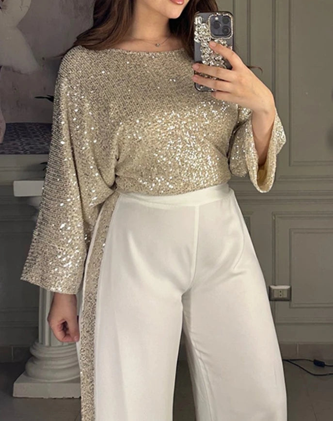 Women's Fashion Sleeve Round Neck Top & Pants Set