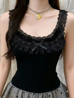 Jirai Kei Black Ribbed Lace Trim Bow Camisole Top with Tulle Skirt Shoptery